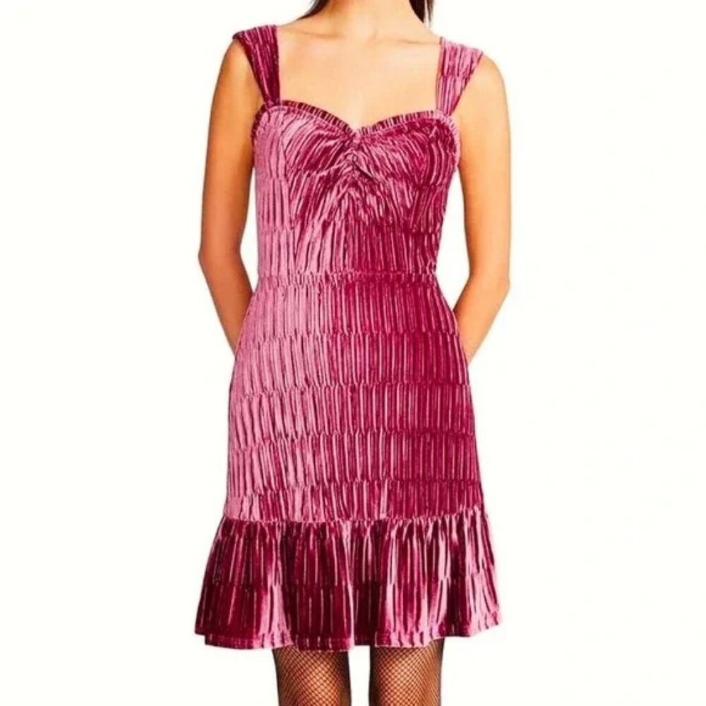 Betsey Johnson Womens XS Pink Velvet Sweetheart Neck A-Line Ruffle Hem Dress